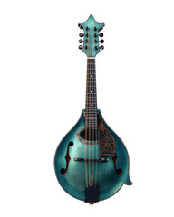 Naklejka premium Glossy teal mandolin-style instrument with inlaid rosette and ebony pegs, isolated on transparent background. 
