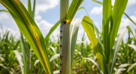 Naklejka premium Sugarcane stalks in a field under a bright sunny sky lush green leaves agriculture farming plantation harvest crop natural resources sweetener biofuel renewable energy sustainable agriculture