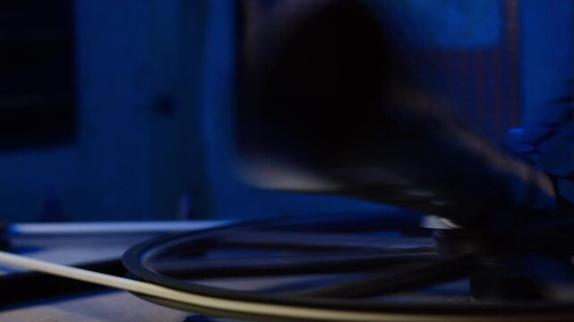 Leslie Speaker in studio macro, rotating Combined Amplifier And Loudspeaker In Wooden Cabinet At Music Studio. 