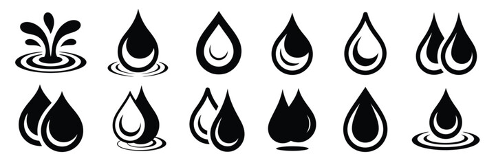 Flat Water Drop Icon Set,  Minimal Vector Collection of Droplets and Liquid Symbols for Logos, Environment, Plumbing, Spa, Clean Water Projects, Sustainability, and Eco-Friendly Design