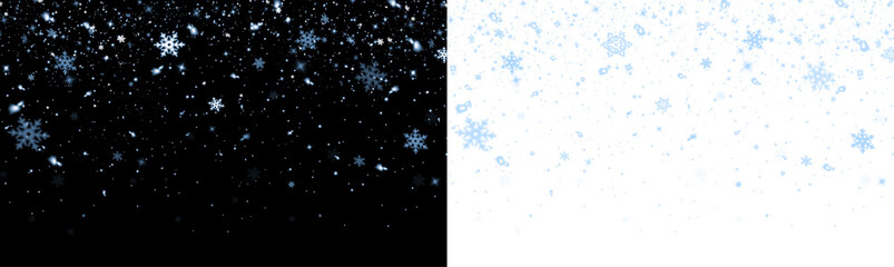 Fototapeta premium Snowflake overlay illustration featuring delicate white and blue snowflakes on contrasting black and white backgrounds, perfect for winter-themed designs and festive decorations