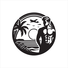 Muscular Man Silhouette Tropical Beach Sunset Airplane Design.