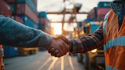 Workers Shaking Hands in Shipping Yard at Sunset, Unity in Logistics Industry