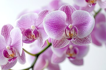 CloseUp View of Delicate Pink and White Orchid Blossoms on a Stem