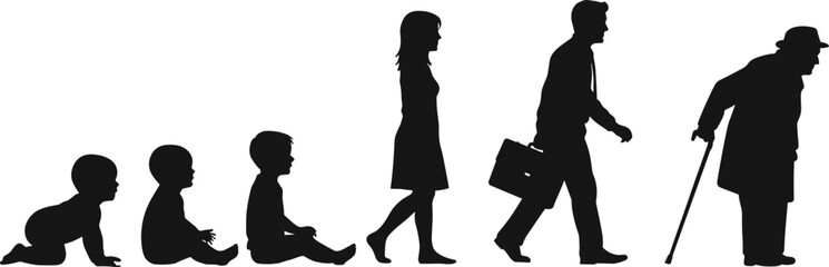 Black silhouette stages of human life cycle from baby to old man, growth evolution concept, childhood adulthood aging illustration vector