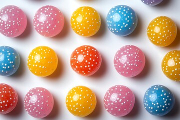 Colorful Marbles with White Polka Dots Pattern Arranged on White Background, CloseUp View