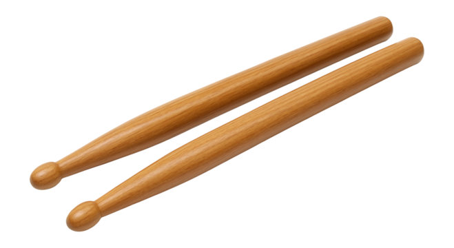 Two wooden drumsticks on a white background.