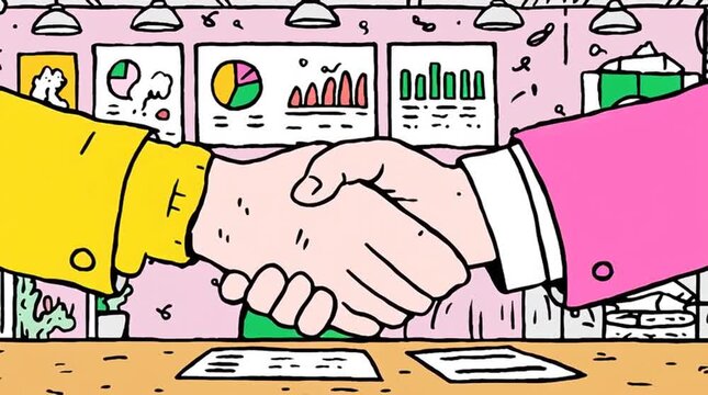 Two businessmen shaking hands after reaching an agreement in a modern office, with charts and graphs on the wall and business cards on the table