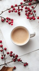 Coffee Cup, Blank White Paper, and Red Berries on Textured Background Overhead
