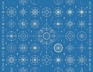Geometric celestial pattern on a blue backdrop