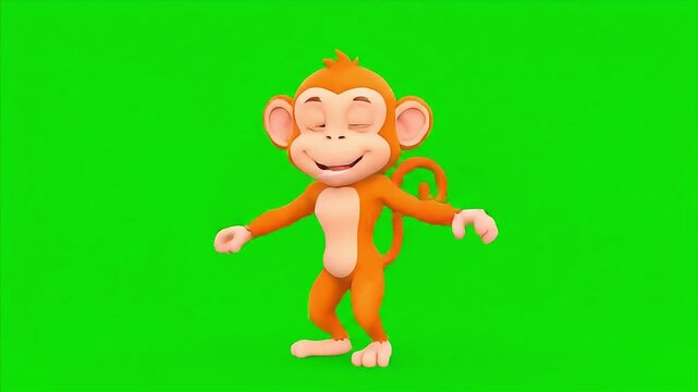 Joyful cartoon monkey with eyes closed dances happily on a vibrant green background.