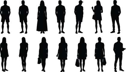 Silhouette fashion illustration, diverse standing poses, dresses and skirts, handbags and mobile usage, posture study, casual and formal outfit reference