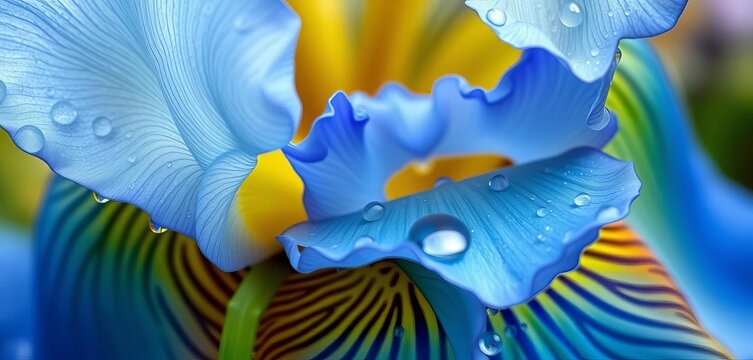 Close-up of a vibrant blue-green iris flower, delicate petals, dew drops,  botany,  petals