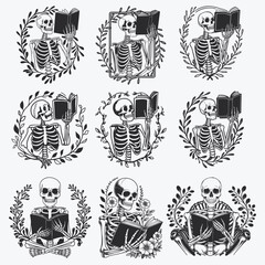 A skeleton reading Book svg, Book lover svg, Reader Bookish svg, Book with flowers svg files