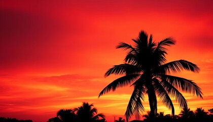 Obraz premium Dark silhouette of a tropical coconut palm tree against a vibrant sunset, exotic, travel