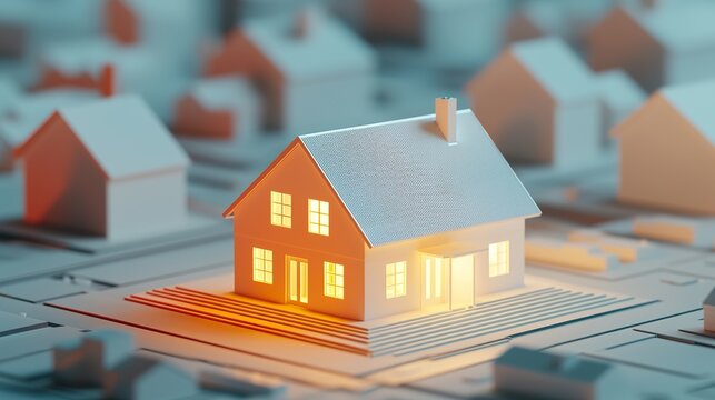 Holographic real estate tour projecting a 3D house model, interactive exploration, virtual property viewing.  