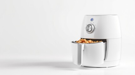 White air fryer with cooked food on a light background

