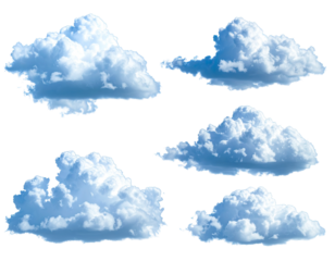 Six fluffy clouds against a black background