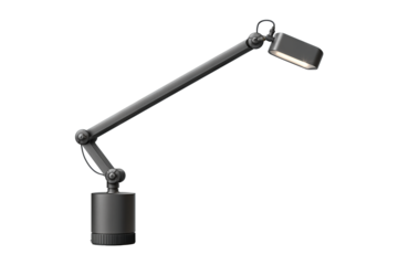Adjustable desk lamp with gunmetal arm, LED head, and cylindrical base, isolated on transparent background.
