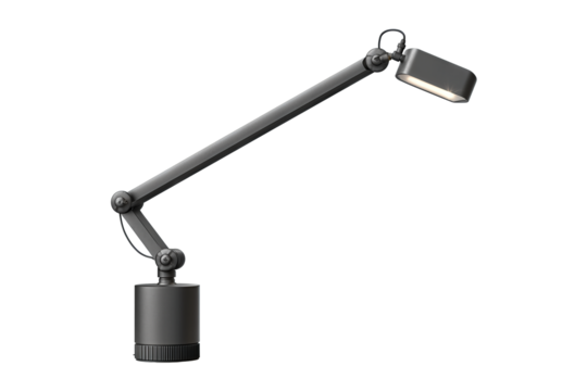 Adjustable desk lamp with gunmetal arm, LED head, and cylindrical base, isolated on transparent background.
