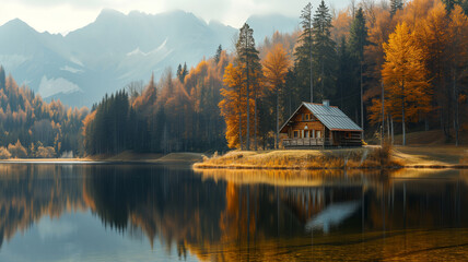 Fototapeta premium A scenic view of a cabin by a lake surrounded by autumn trees and mountains in the background scene view