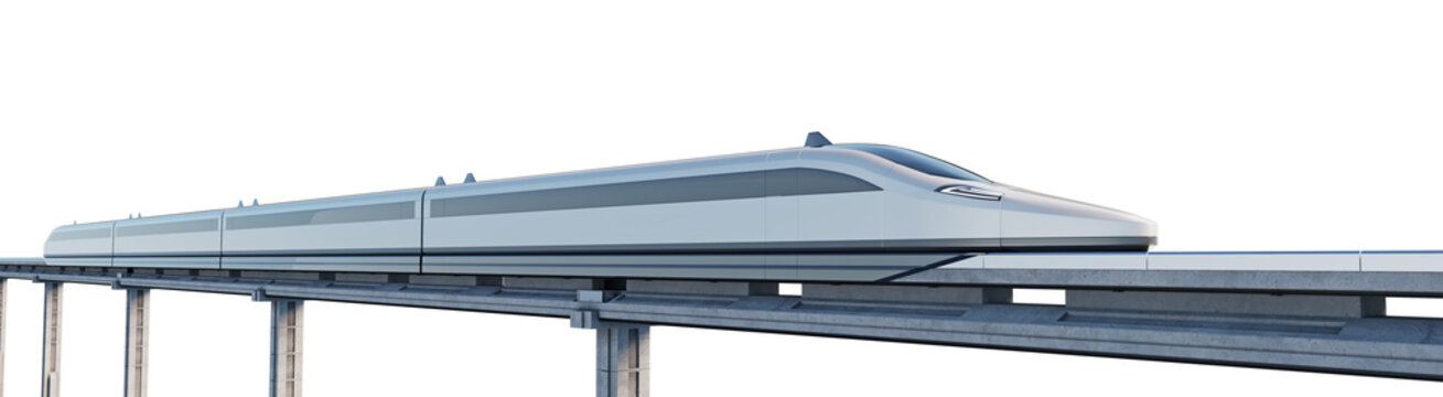 Bullet train on high-speed maglev line, isolated on a transparent background. 3D illustration.