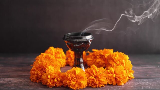 Mexican offering with burning and smoky incense called "Incienso de copal" on altar for Celebration of Mexico's Day of the Dead in Latin America