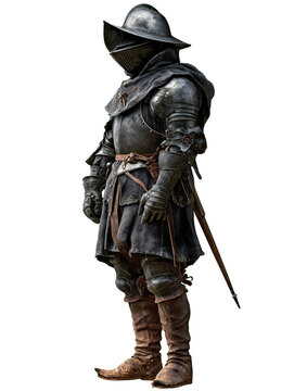 Medieval guard in dark gambeson with morion helmet and halberd, isolated on transparent background.

