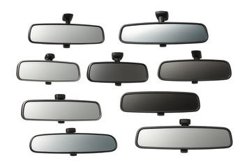 Collection of car rearview mirrors on a white background.