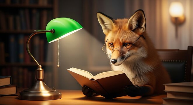 Intelligent Fox Reading Book Under Green Desk Lamp in Cozy Library - Powered by Adobe