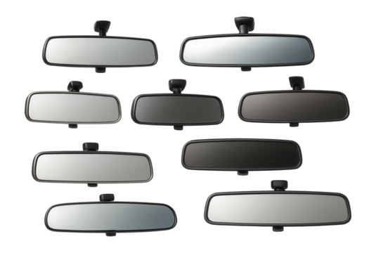 Collection of car rearview mirrors on a white background.