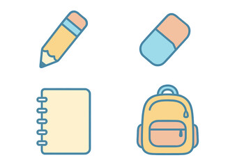 Colorful school supplies including a pencil, eraser, notebook, and backpack arranged playfully on a white background