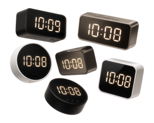 Group of digital table clocks on white background.
