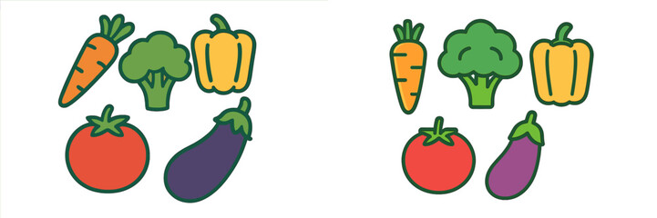 Variety of colorful vegetables including carrots, broccoli, peppers, tomatoes, and eggplants on a bright background