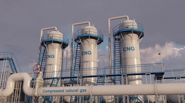 Gas compressor station. Time lapse. CNG station play a crucial role in distributing and transporting natural gas. 3D rendering