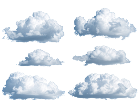 Six stylized clouds against a black background