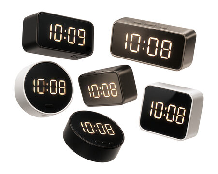 Group of digital table clocks on white background.
