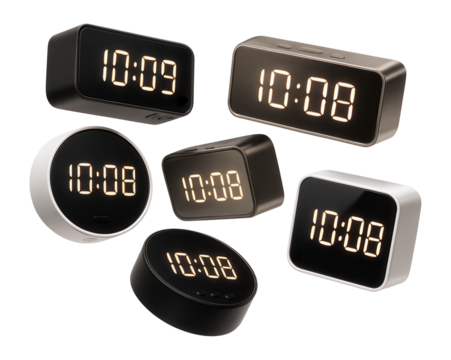Group of digital table clocks on white background.