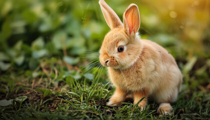 Fototapeta premium Cute fluffy rabbit sitting on green grass with soft sunlight illuminating its fur