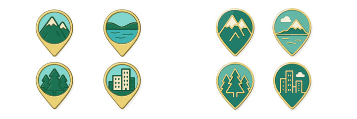 Fototapeta na wymiar Nature and cityscape pins representing outdoor adventures and urban experiences
