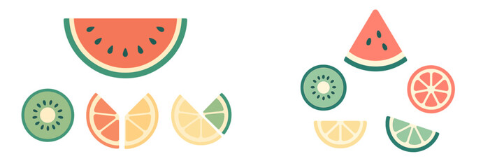 Colorful slices of fruits including watermelon, kiwi, and citrus arranged in a playful design