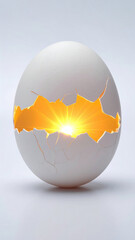 Glowing egg cracked shell bright light golden glow white background surreal concept minimal fantasy mystical radiant burst felt