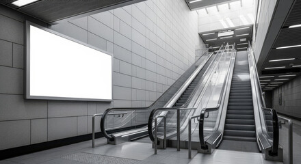 Advertise your brand with a modern blank billboard ad space beside escalators in a sleek metro station for effective promotion