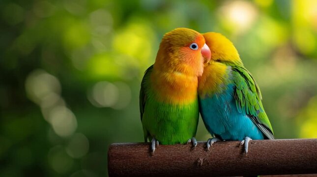 Two Vibrant Lovebirds Displaying Affectionate Nuzzling, Colorful Plumage, Tender Bond in Serene Nature, Charming Interaction, Lovebird Pair on Wooden Perch