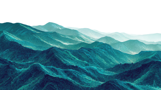 Tropical mountain range with emerald and teal ridges in gouache texture, isolated on transparent background.
