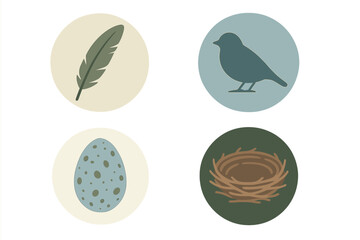 Nature symbols featuring a feather, bird, egg, and nest in a simple, modern design