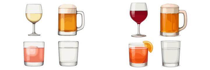 Variety of drinks displayed on a table, including wine, beer, cocktails, and soft drinks in a casual setting