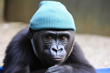 Gorilla wearing a blue beanie hat, resting with a thoughtful expression in a natural habitat