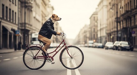 Fototapeta premium Dog Riding Bicycle in Urban Street Scene with Classic Architecture and Overcast Sky