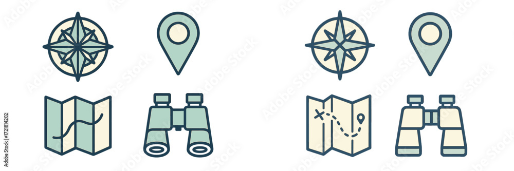 Poster exploring various navigation tools and symbols, highlighting maps and binoculars in a clean design